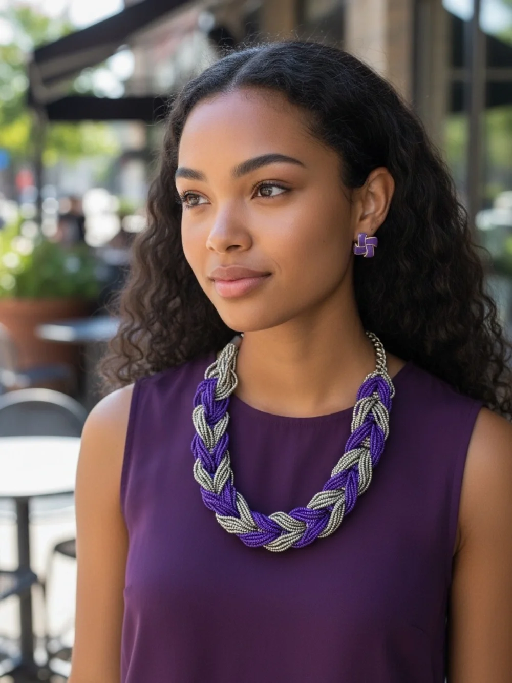 Purple and Gold Beaded Braided Necklace with Purple Stud Earrings
